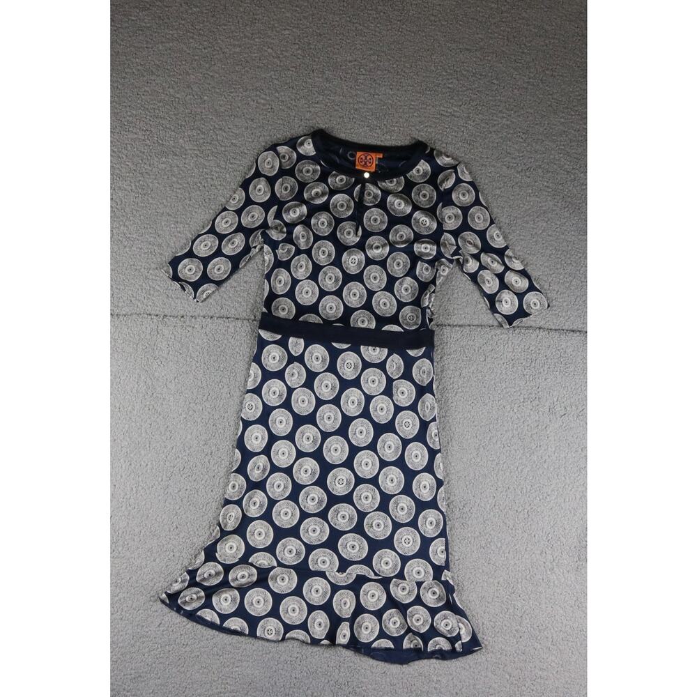 Tory Burch Dress Xs Blue White Silk Kayla Midi Dress Pull Over Jersey
